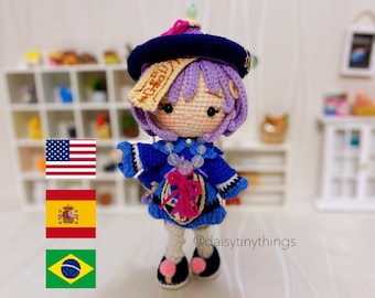 Amigurumi qiqi genshin doll crochet pattern, amigurumi chibi doll PDF pattern in English (US term), Spanish (Español), Português.