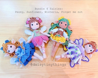 Bundle 4 in 1, Flower fairies crochet doll, Forget me not, Peony, Sunflower, Wisteria fairy doll pattern in English (US term)