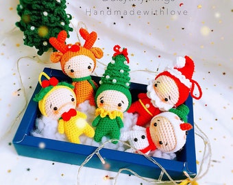 BUNDLE Of 5 Crochet Christmas ornaments, christmas decorations, Crochet Santa, Reindeer, Snowman, Christmas tree, Jingle bell