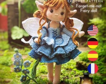 Forget Me Not Fairy Crochet Doll Pattern PDF, Amigurumi Blue Woodland Fairy, Cottagecore Crochet Pattern in English, French, German, Spanish