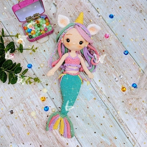 Amigurumi Rosie girl doll, crochet Mermaid doll, crochet Unicorn doll PDF in English (US term)