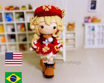 Amigurumi Klee genshin chibi doll pattern, Crochet klee doll PDF pattern in English (US term), Português.