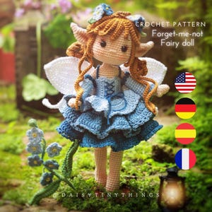 PDF Häkelanleitung Vergissmeinnicht Puppe, Amigurumi Fee, Daisytinythings Muster in englisch (US term), Espanol, deutsch, französisch