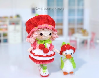 Amigurumi Sweet doll Cherry girl and her little Goose, amigurumi fruit doll PDF pattern in English