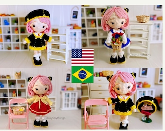 3 IN 1 - Amigurumi doll the little daughter, Amigurumi chibi doll PDF pattern in English (US term), Português.