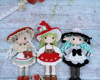 PDF Pattern bundle 3 in 1 Mushroom Fairy Doll Crochet Pattern, woodland mushroom girl doll pattern, daisytinythings, pattern in English