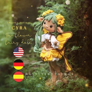 Amigurumi Doll Sunflower Fairy Crochet Pattern, crochet woodland doll pattern, daisytinythings pattern (English, Germany, Spanish)