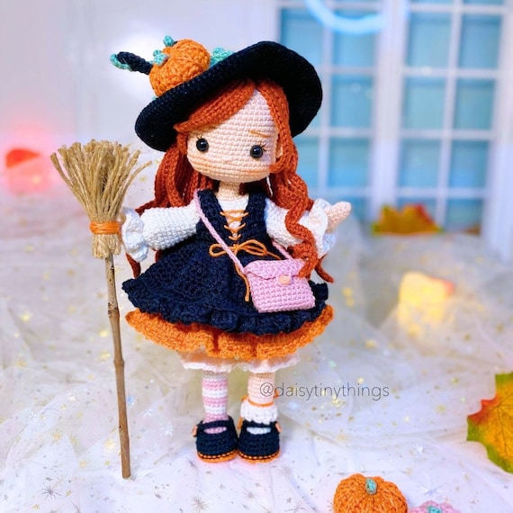 Amigurumi doll pattern Olivia witch doll, crochet Halloween doll pattern, pdf pattern in English (US term)