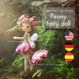 Patrón de crochet PDF Muñeca Hada Peonía, Muñeca Hada del Bosque Amigurumi Niña, Patrón Daisytinythings en Inglés (Término de EE. UU.) Español, Alemán