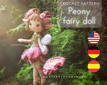 Peony Fairy Crochet Doll Pattern PDF, Amigurumi Woodland Fairy Crochet Pattern, Cottagecore pattern in US, Espanol, German