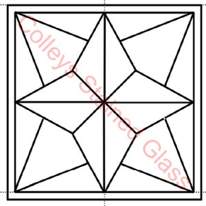 May include: A black and white line drawing of a star with a geometric design. The star is made up of 12 points and is divided into 12 sections. The design is symmetrical and intricate.