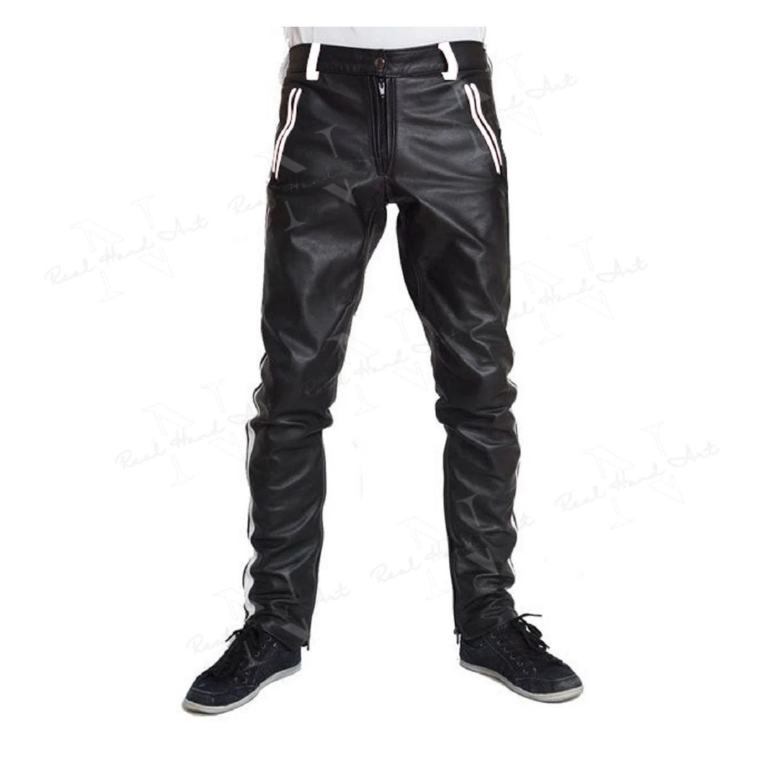 Men's Black Leather Motorcycle Pant Handmade Genuine Etsy