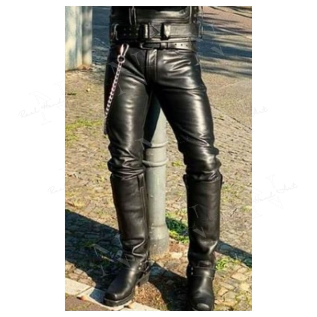 Men's Black Leather Motorcycle Pant, Handmade Genuine Leather Biker