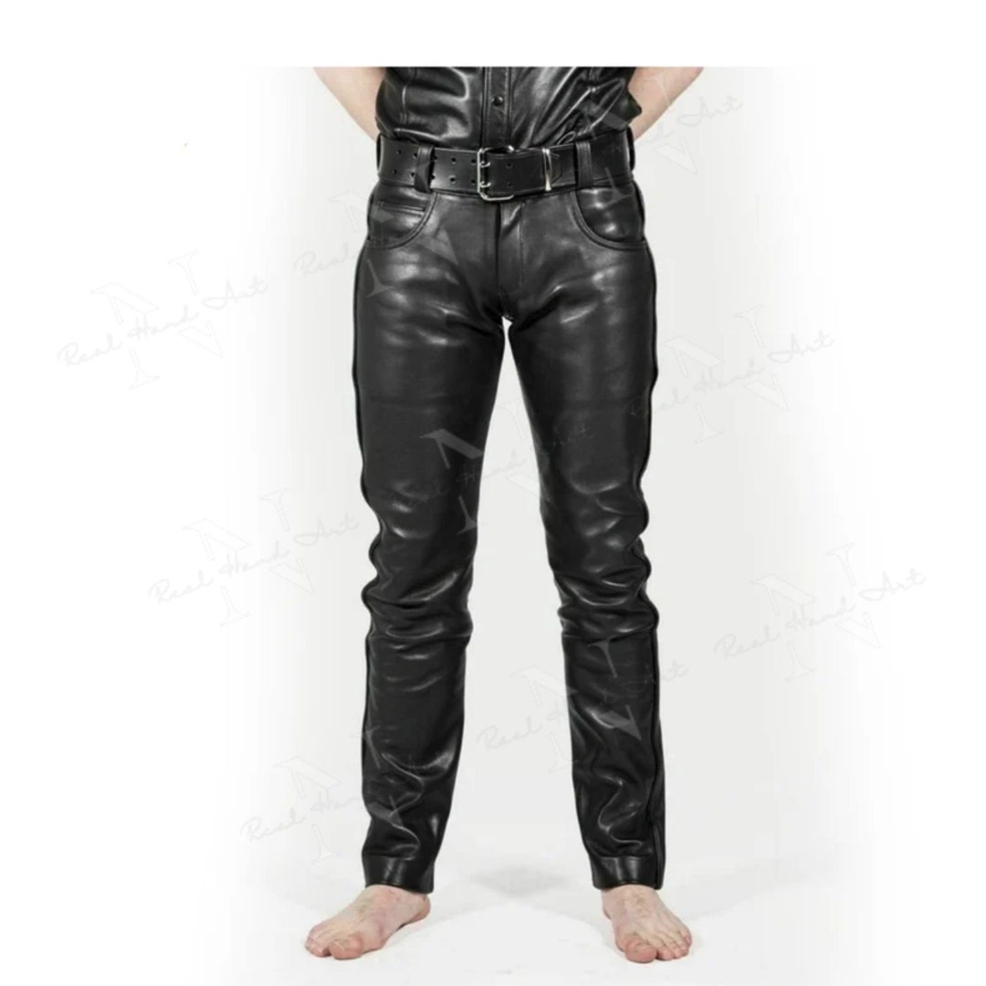 Men's Black Leather Motorcycle Pant, Handmade Genuine Leather Biker