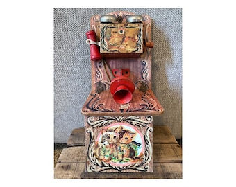 Vintage Gong Bell Telephone Toy Tin Litho Wood Western Cowboy