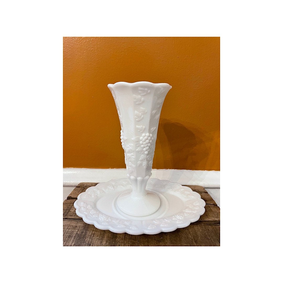Westmoreland Milk Glass Grape Panel Two Piece Epergne Set Etsy