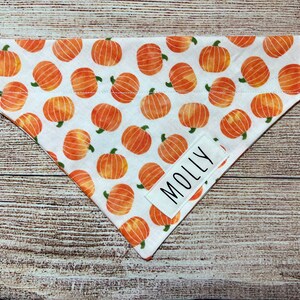 Op de afbeelding: Witte driehoekige bandana voor honden met een patroon van oranje pompoenen. Een klein wit label met de naam "MOLLY" is op de bandana genaaid. De bandana is gemaakt van stof.