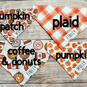 Op de afbeelding: Vier hondenbandana's met herfstthema's. Ontwerpen omvatten een pompoenveld, oranje ruit, koffie en donuts en pompoenen. Elke bandana heeft een wit label met de naam van een huisdier. De bandana's liggen op een houten oppervlak.