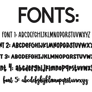 Op de afbeelding: Op een witte achtergrond staat het woord "FONTS:" in vette zwarte letters. Hieronder worden vijf verschillende lettertypen getoond, elk met het alfabet in hoofdletters en kleine letters. Lettertype 1, 2 en 3 zijn hoofdletters. Lettertype 4 en 5 zijn kleine letters.
