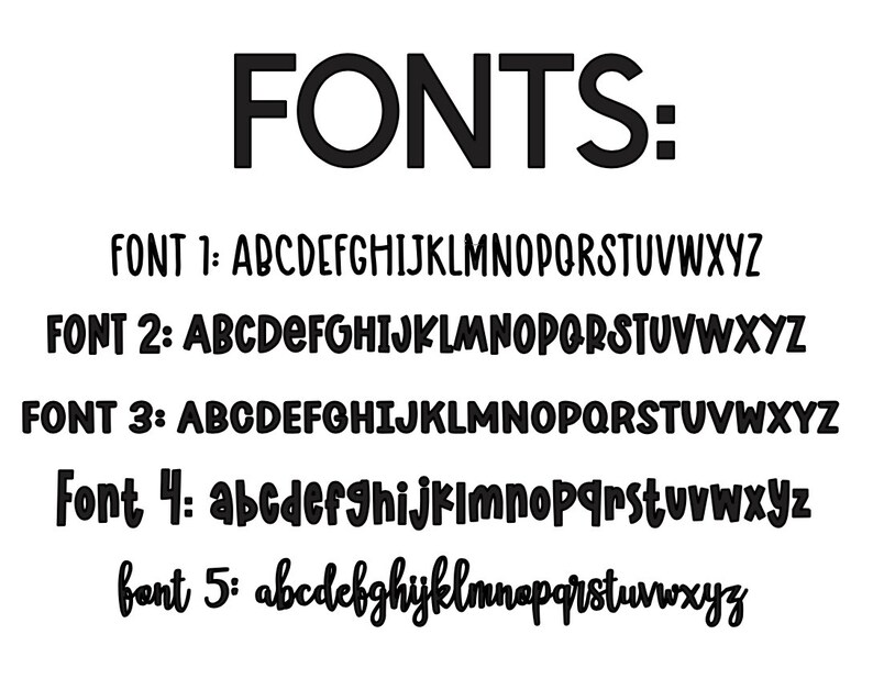 Op de afbeelding: Op een witte achtergrond staat het woord "FONTS:" in vette zwarte letters. Hieronder worden vijf verschillende lettertypen getoond, elk met het alfabet in hoofdletters en kleine letters. Lettertype 1, 2 en 3 zijn hoofdletters. Lettertype 4 en 5 zijn kleine letters.