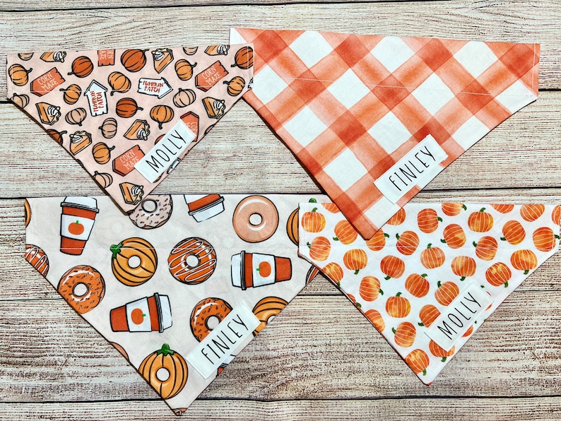 Op de afbeelding: Vier hondenbandana's met herfstpatronen. E&eacute;n heeft pompoenen en taart, een andere oranje ruit, een derde donuts en koffie, en de laatste pompoenen. Elke bandana heeft een naamlabel: Molly of Finley.