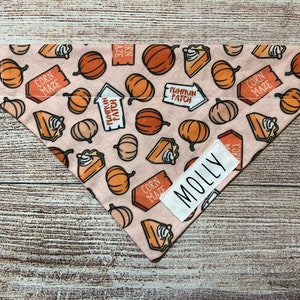 Op de afbeelding: Een lichtroze bandana voor honden met een herhalend patroon van pompoenen, pompoentaartstukken en borden met de tekst "Corn Maze" en "Pumpkin Patch". Een wit label met de naam "Molly" is erop genaaid.