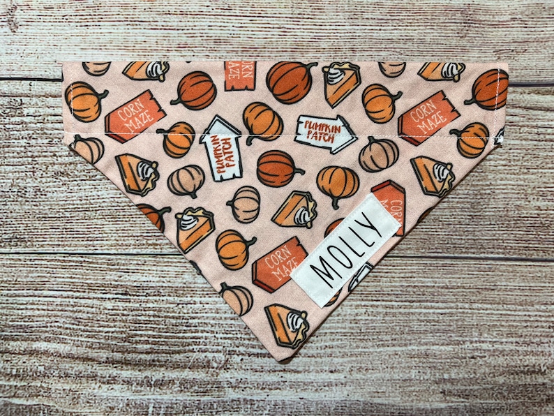 Op de afbeelding: Een lichtroze bandana voor honden met een herhalend patroon van pompoenen, pompoentaartstukken en borden met de tekst "Corn Maze" en "Pumpkin Patch". Een wit label met de naam "Molly" is erop genaaid.