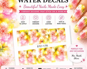 May include: Becs Beauty Co water decals featuring a floral watercolor design in shades of pink and yellow. The sheet includes multiple rectangular nail art stickers labeled STZ-170, displayed alongside fingernails decorated with the same floral pattern.