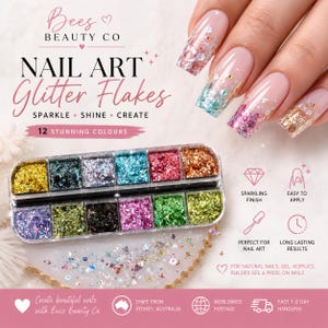 May include: A rectangular plastic container with twelve compartments filled with multicoloured nail art glitter flakes. The text reads Bees Beauty Co, Nail Art Glitter Flakes, Sparkle, Shine, Create, 12 Stunning Colours, Sparkling Finish, Easy to Apply, Perfect for Nail Art, Long Lasting Results.