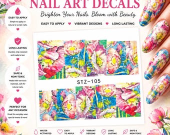 Calcomanías florales de agua para uñas / Pegatinas vibrantes de arte de uñas en acuarela (hoja)