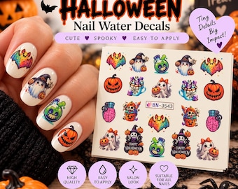 Halloween Ghosts Potions Witch Nail Water Decals – Spooky Pumpkin, Witch, Mummy, Skeleton & Bat Nail Art – Halloween Waterslide Decals