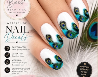 May include: Waterslide nail decals featuring vibrant peacock feather designs on white nails. The text reads Becs Beauty Co Nail Art Supplies, Waterslide Nail Decals, Easy to apply, Ultra thin, Works on natural, gel, acrylic & press on nails, Stunning designs, Beautiful designs you'll love.