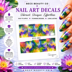 Floral Water Nail Decals | Vibrant Lotus Art | Easy Application (Sheet of 10)