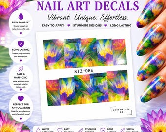 Floral Water Nail Decals | Vibrant Lotus Art | Easy Application (Sheet of 10)