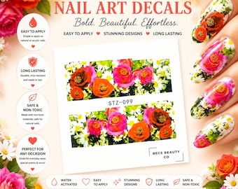 May include: A sheet of nail art decals labeled STZ-099 featuring floral patterns with red, pink, and orange roses surrounded by white daisies. The sheet includes the text BECS BEAUTY CO and is displayed alongside fingernails decorated with the same floral designs.