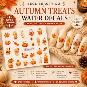 May include: A sheet of water-activated nail decals titled AUTUMN TREATS WATER DECALS, featuring illustrations of pumpkins, lattes, and autumn leaves. Five beige nail tips display applied decals, showcasing various seasonal designs in orange and brown.