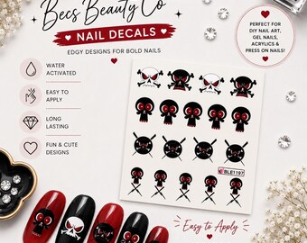 Nageldekaler med dödskalle | Nageldekaler med gotiska vattenrutschkanor | Nagelkonst med svart dödskalle | Halloween-nagelklistermärken | Alternativa gotiska naglar | Gör-det-själv-manikyr