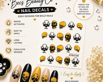 Nageldekaler med dödskalle | Nageldekaler med gotiska vattenrutschkanor | Nagelkonst med svart dödskalle | Halloween-nagelklistermärken | Alternativa gotiska naglar | Gör-det-själv-manikyr
