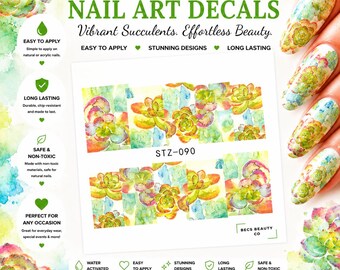 Succulent Nail Art Water Decals | Vibrant Floral Nail Wraps (STZ-090)
