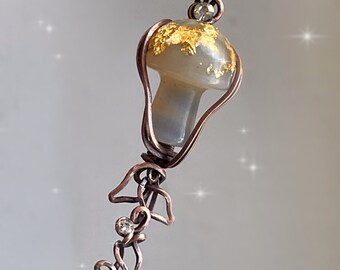Quartz Mushroom Agate + 14k Gold Flakes + Swarovski Vintage Copper Wire Wrapped Pendant - Authentic Gemstone Crystal Necklace