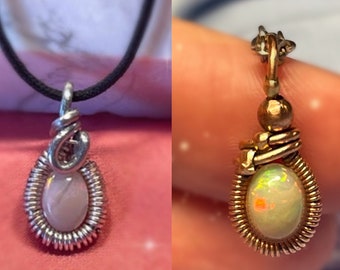 2x Styles Ethiopian Fire Opal Super Petite Silver + Vintage Copper Wire Wrap Pendant - Choker - Authentic Crystal Necklace