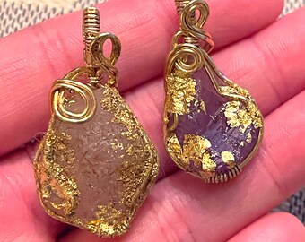 Rose Quartz + Amethyst Matching Pendants - 14k Gold - Wire Wrapped Crystal Pendant - Authentic Necklace