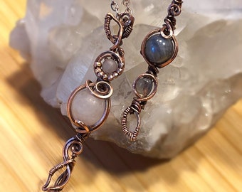 Rose Quartz + Labradorite Wire Wrapped / Woven Vine, Leaves + Florals Pendant - Crystal Gemstone Necklace