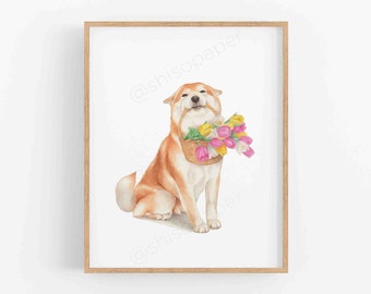 Shiba Inu Bouquet of Flowers Art Print, Spring Wall Art, Watercolor Illustrated