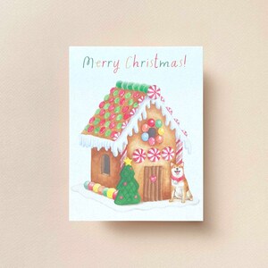 Carte postale de Noël Shiba Inu maison en pain d'épice, aquarelle illustrée, carte postale de vacances