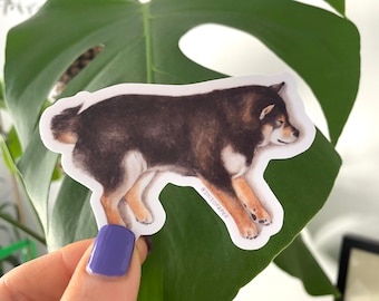 Naklejka winylowa "Śpiący czarny Shiba Inu", ilustrowana akwarelą, wycinane naklejki, wodoodporna