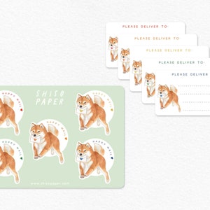 Shiba Inu-labels 'Bezorgen aan' en 'Happy Mail'-envelopstickers