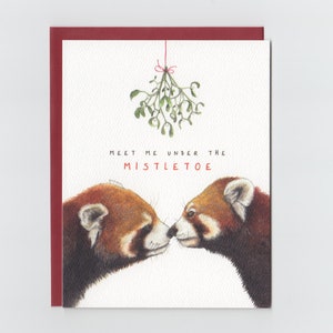 Cartão de felicitações de Natal com o amor do panda vermelho, "Encontre-me sob o visco"