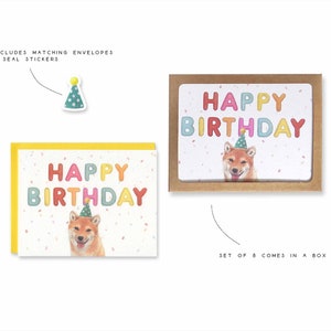 Lot de 8 cartes d'anniversaire Shiba Inu, illustrées à l'aquarelle, joyeux anniversaire