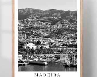 マデイラ旅行プリント、白黒マデイラシティポスター、マデイラポルトガルウォールアートプリント、ミニマリストマデイラウォールデコレーション、マデイラギフトポスター